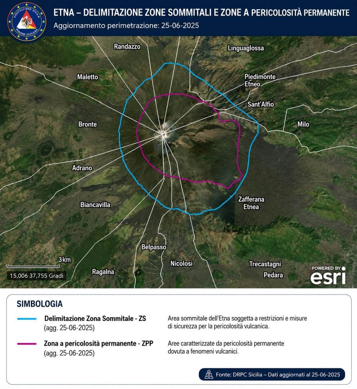 ERUZIONE ETNA:  ZONA SOMMITALE (ZS) E ZONA A PERICOLOSIT&agrave; PERMANENTE (ZPP)