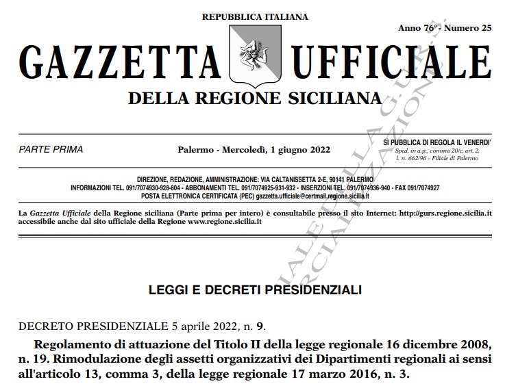 Rimodulazione dell’assetto  organizzativo del Dipartimento Regionale della Protezione Civile Sicilia, pubblicato sulla GURS il Decreto Presidenziale n. 9 del 5 aprile 2022 