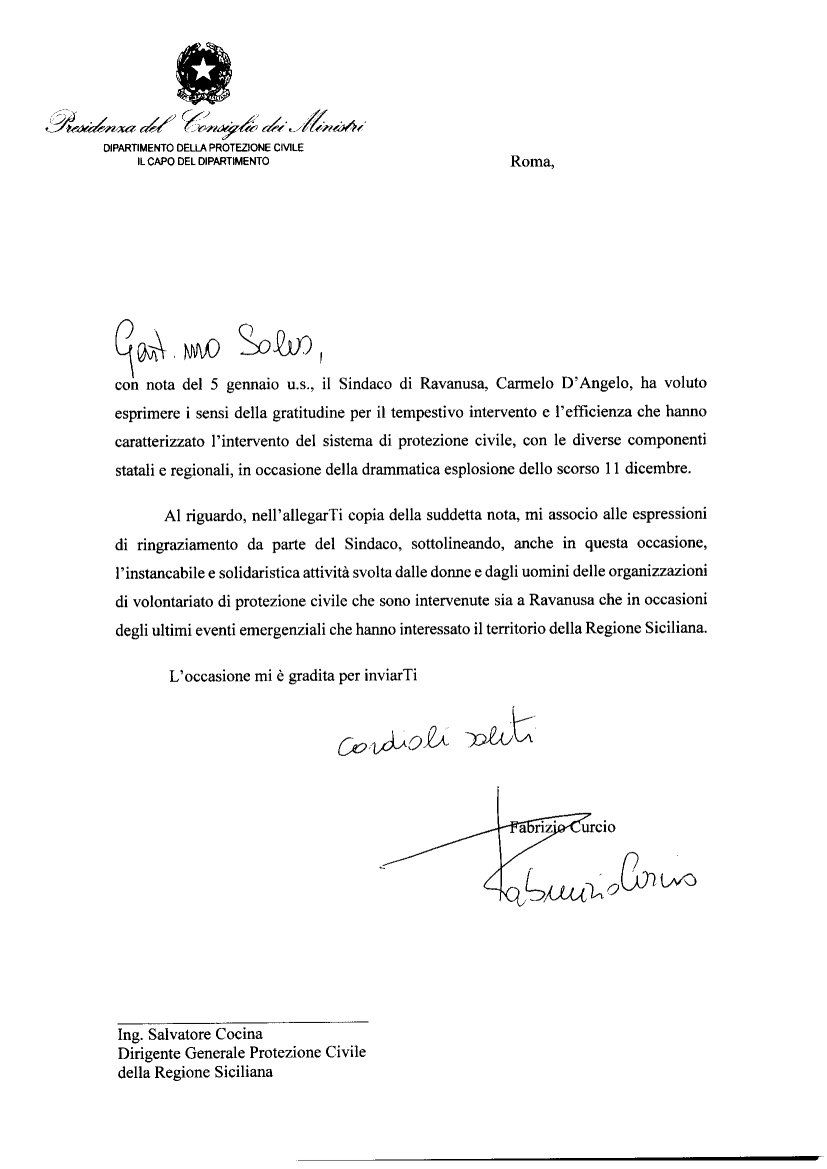 Ravanusa. Il Capo della Protezione Civile Nazionale, Fabrizio Curcio, in una lettera ringrazia le donne e gli uomini intervenuti in soccorso all’esplosione dello scorso 11 dicembre