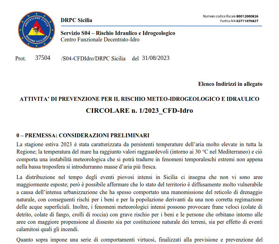 Scenari di rischio meteo-idrogeologico e idraulico. Azioni urgenti di prevenzione e di preparazione all’emergenza per la mitigazione dei danni, pubblicata la circolare n.1/2023