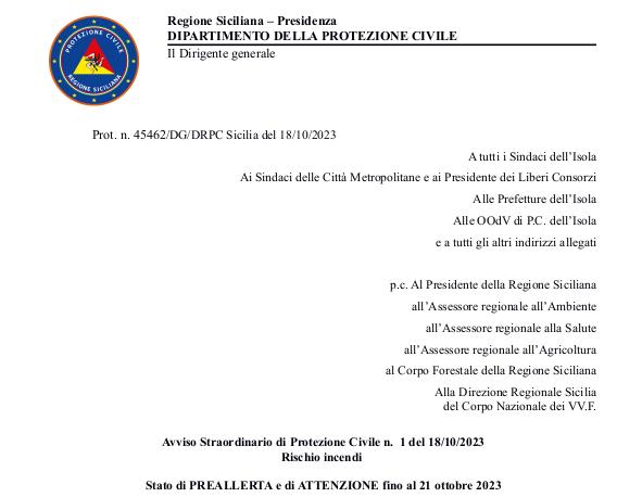 Avviso Straordinario di Protezione Civile n. 1 del 18/10/2023 - Rischio incendi Stato di PREALLERTA e di ATTENZIONE fino al 21 ottobre 2023