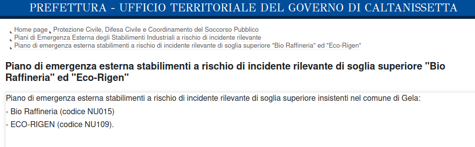 Gela, la Prefettura di Caltanissetta ha pubblicato sul proprio sito l’aggiornamento del Piano di Emergenza Esterna degli stabilimenti a rischio di incidente rilevante 