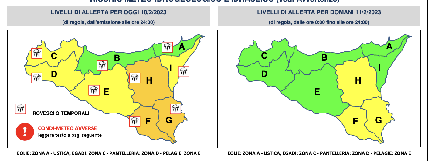 [AGGIORNAMENTI] 10 febbraio 2023] ALLERTA METEO SICILIA del 9-10 febbraio 2023 - Aggiornamento monitoraggio. Mappa delle zone interessate dal maltempo. COSA FARE IN CASO DI ALLUVIONE.