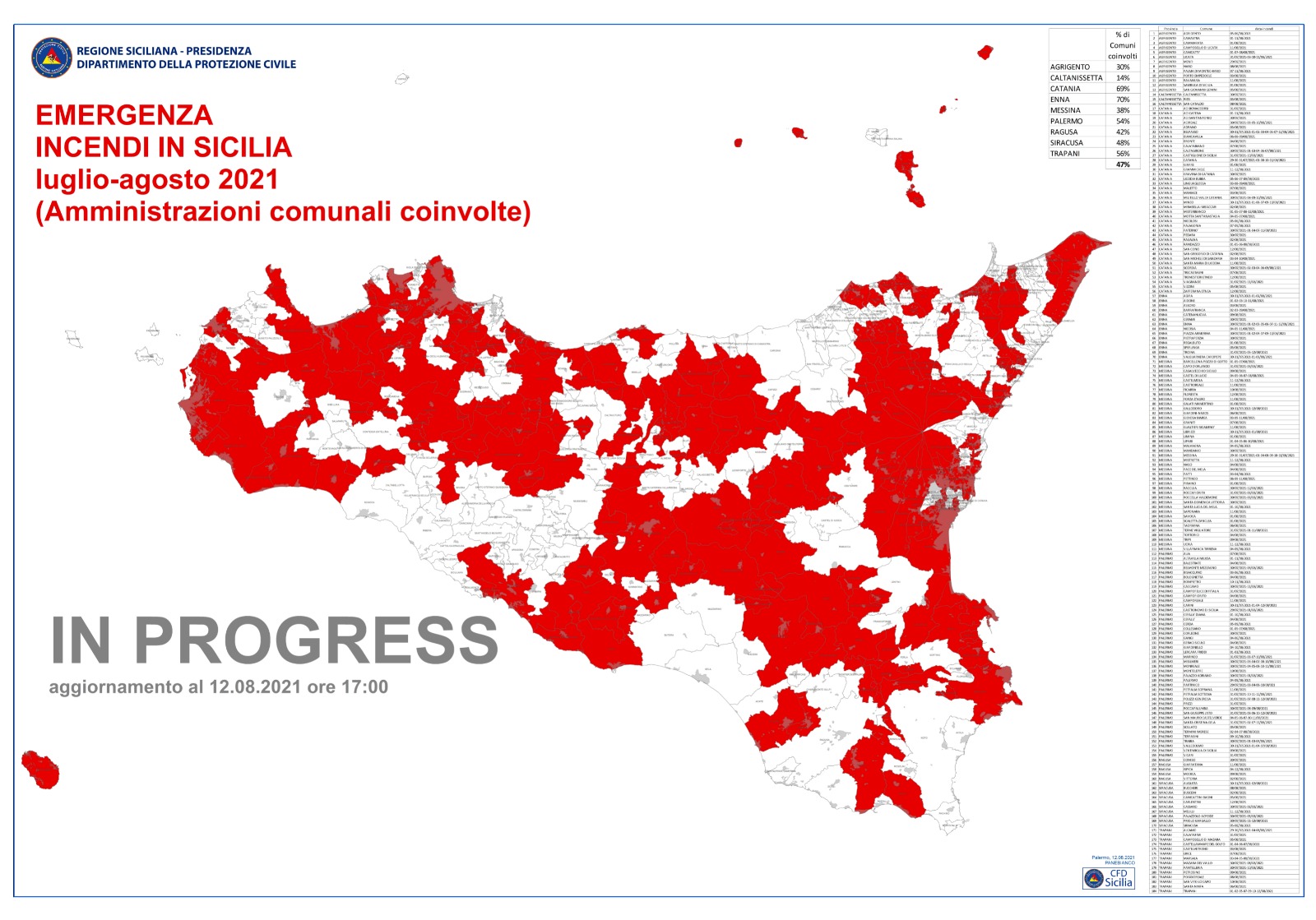 Emergenza incendi in Sicilia, la mappa aggiornata al 12 agosto 2021. Sino a venerdì vige lo "Stato di PREALLERTA e di ATTENZIONE" 