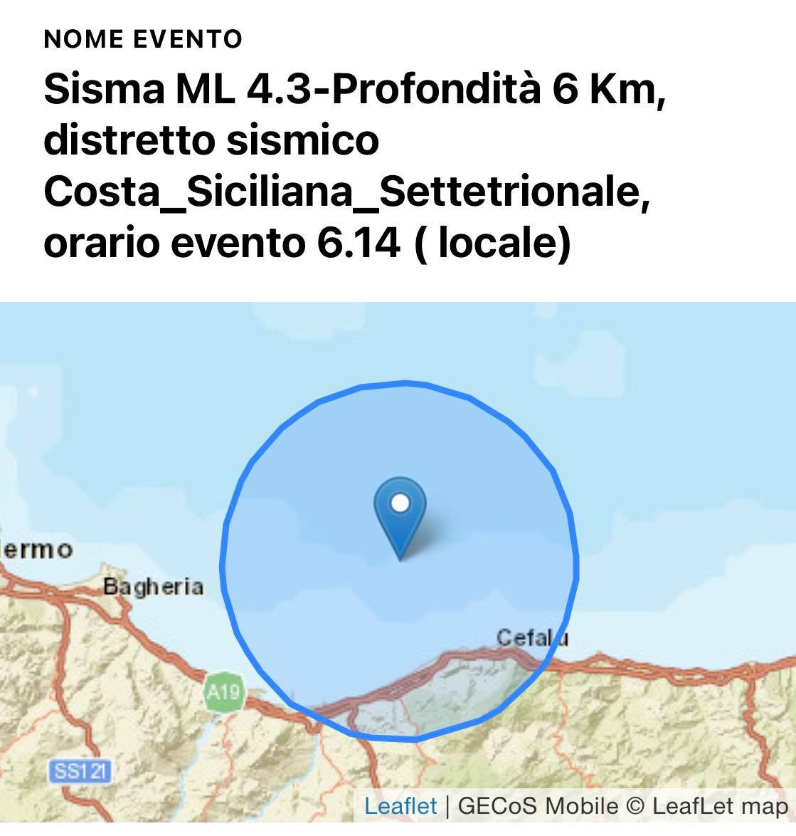 Terremoto nel palermitano.  Nessun danno è stato al momento segnalato.